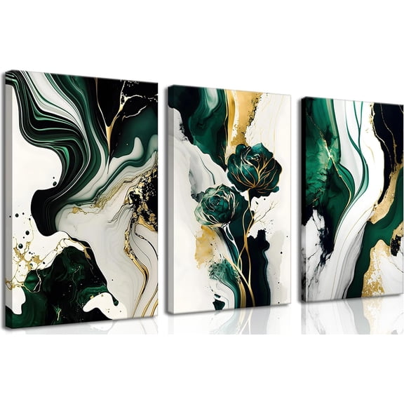 3Pcs Framed Emerald Green Wall Art, Modern Green and Gold Abstract Marble Canvas Wall Art Paintings Prints Posters Wall Decor Pictures for Living Room Bedroom Office Home Decoration