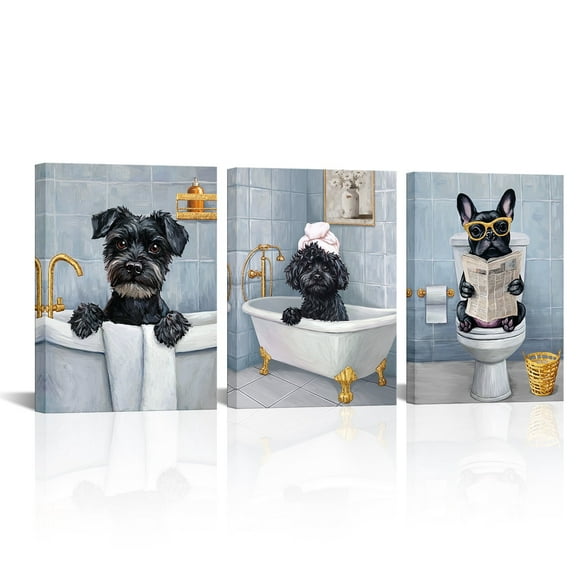 3Pcs Framed Funny Black Dog Bathroom Canvas Wall Art Cute Dog Reading Newspaper Posters Prints Bathroom Art Botanical Animal Gray wall Decor pictures Painting for Bathroom Toilet Decorations(Gray)