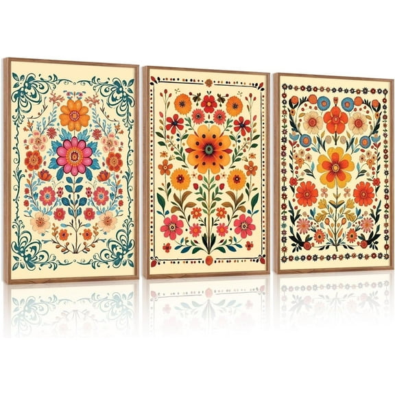 3Pcs Framed Mexican Floral Canvas Wall Art (16"x24"), Abstract Orange Botanical Latin Folk Wall Decor, Vintage Mid Century Modern Tropical Flower Art Print for Office Farmhouse