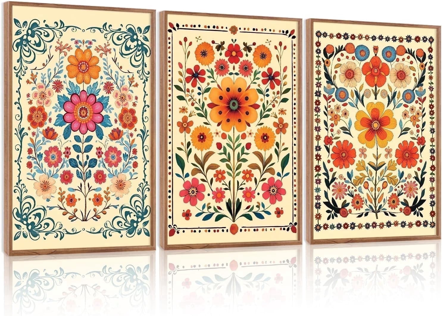3Pcs Framed Mexican Floral Canvas Wall Art (16"x24"), Abstract Orange ...