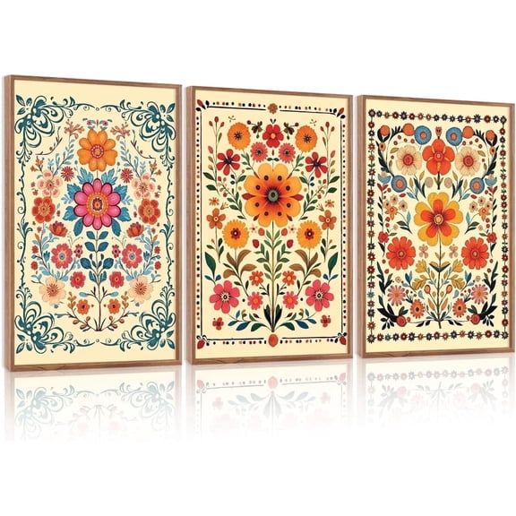 3Pcs Framed Mexican Floral Canvas Wall Art (16"x24"), Abstract Orange Botanical Latin Folk Wall Decor, Vintage Mid Century Modern Tropical Flower Art Print for Office Farmhouse