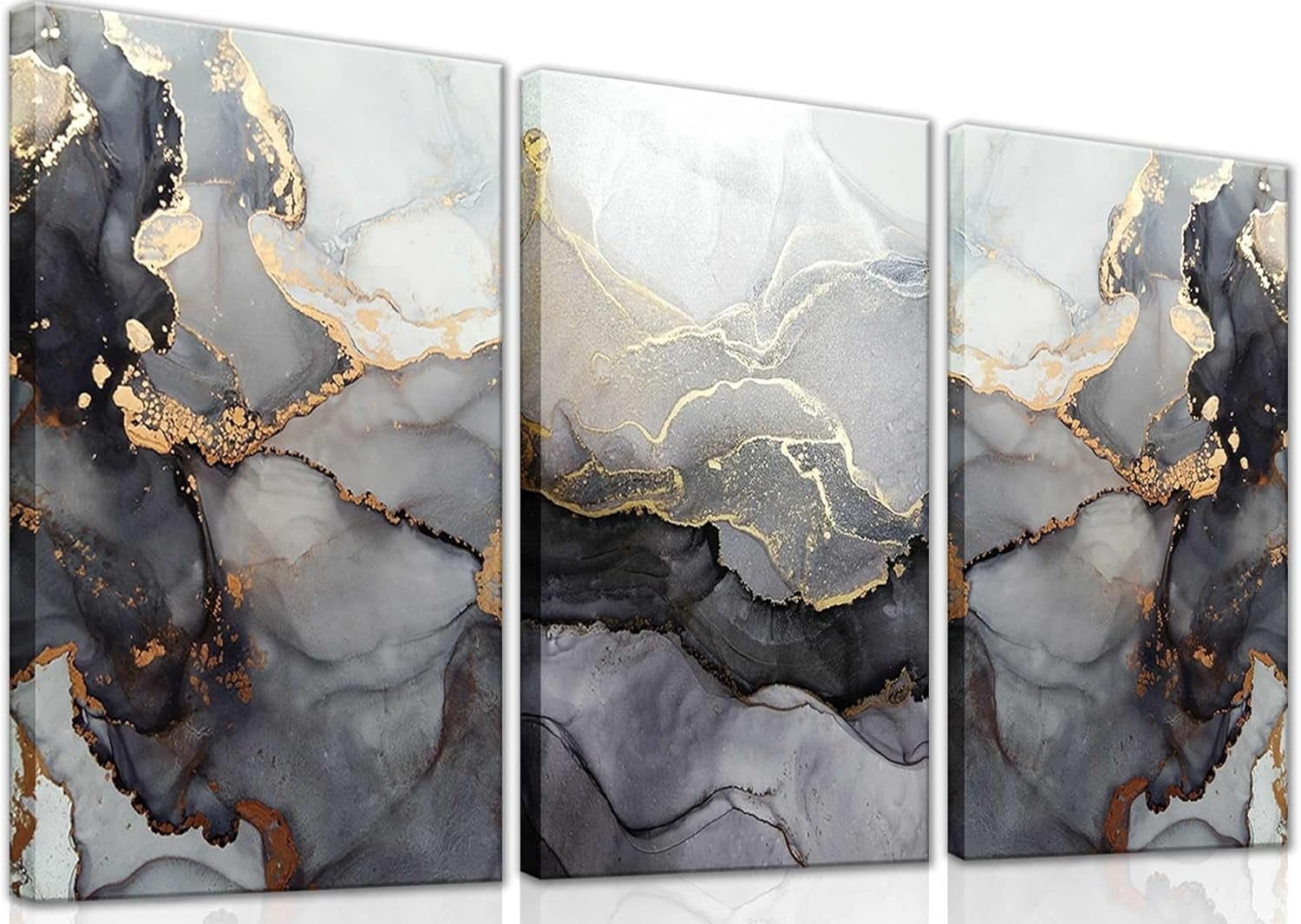 3Pcs Framed Modern Abstract Black and Gold Canvas Wall Art Fluid Lines ...
