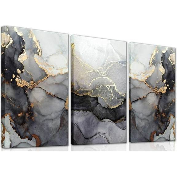 3Pcs Framed Modern Abstract Black and Gold Canvas Wall Art Fluid Lines Marble Pictures Posters Prints Painting White Grey Wall Decor for Bathroom Bedroom Living Room Office12x16inx3 Home Decoration