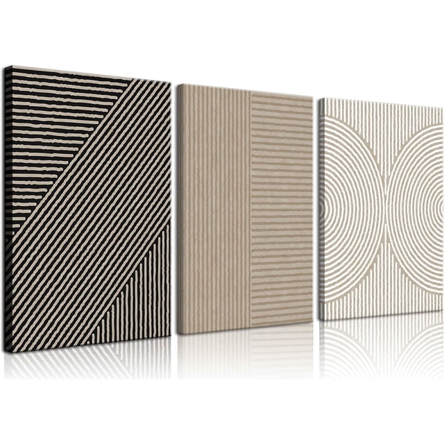 3Pcs Framed Modern Neutral Abstract Wall Art Boho Minimalist Line