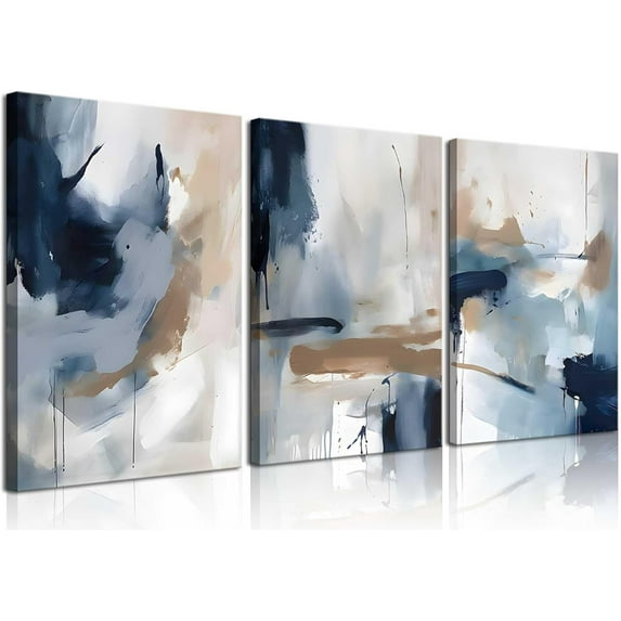 3Pcs Framed Navy Blue Wall Art Abstract Modern Brown Watercolor Canvas Posters Prints Minimalist Neutral Wall Decor Pictures for Living Room Bedroom Home Decoration 12x16in