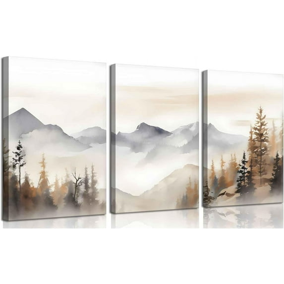 3Pcs Framed Neutral Mountain Canvas Wall Art Forest Landscape Posters Prints Modern Abstract Watercolor Paintings Wall Decor Pictures for Living Room Bedroom Decoration