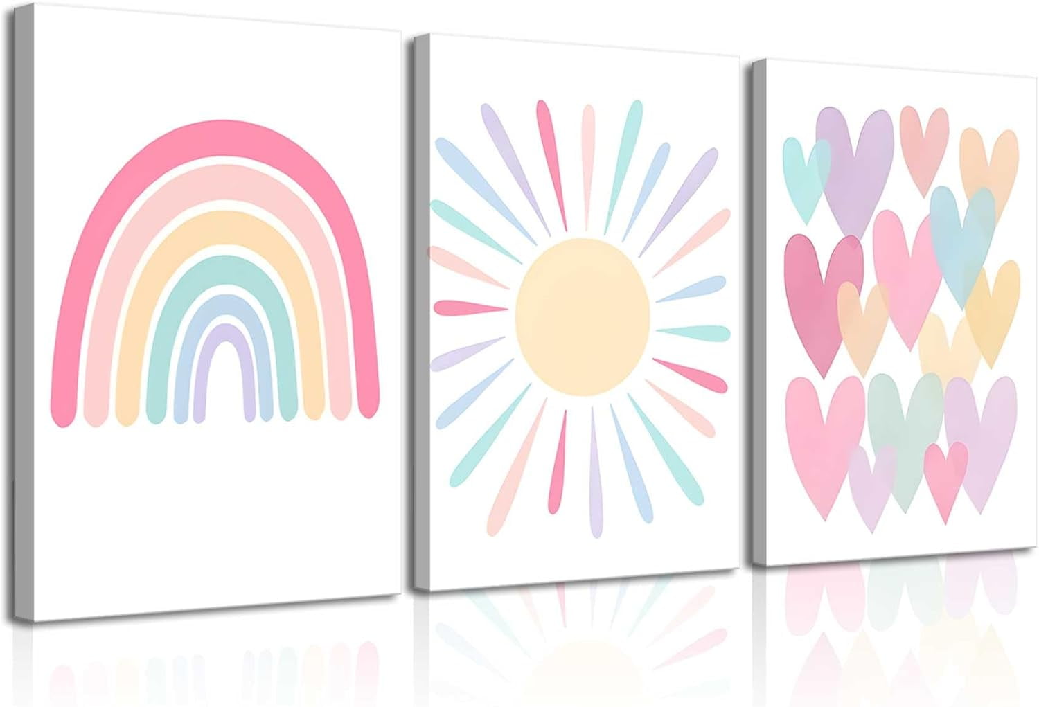 3Pcs Framed Pink Nursery Canvas Wall Art Rainbow Poster Kids Bedroom