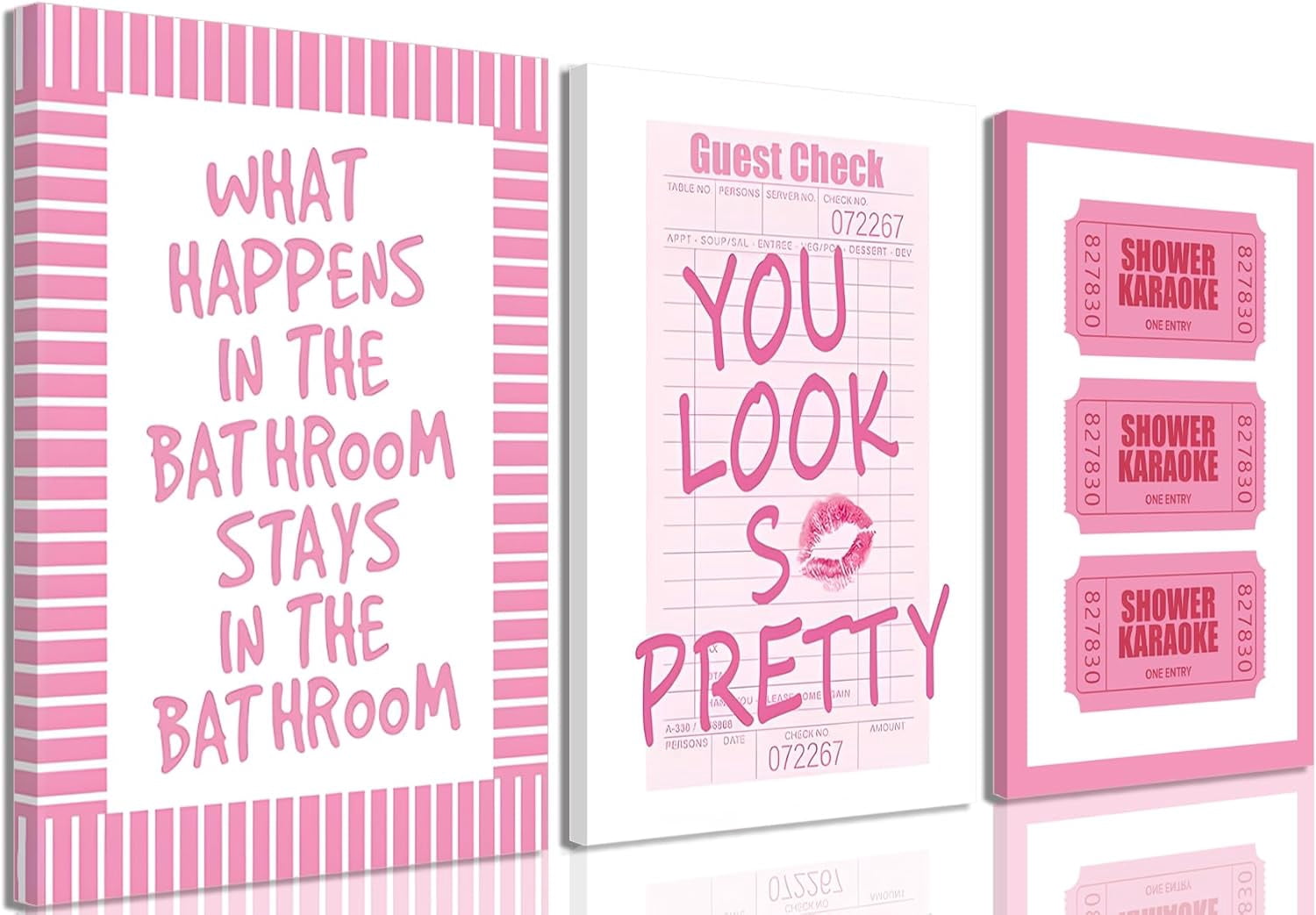 3Pcs Framed Preppy Pink Bathroom Wall Art Set, Funny Guest Check & Shower Karaoke Stamp Canvas Posters, Trendy Indie Pop Room Decor for Women Powder Room Restroom 12x16in