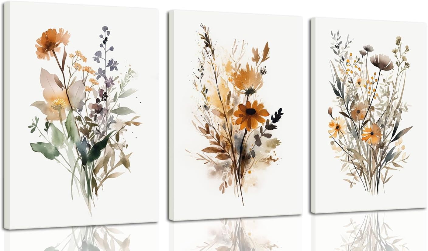 3Pcs Framed Watercolor Floral Plants Wall Art Minimalist Wildflower