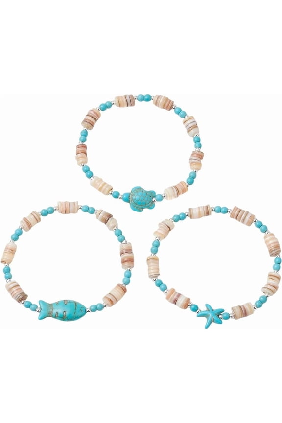 3Pcs Freshwater Shell Beaded Stretch Bracelets Stackable Bracelets Tortoise Starfish Fish with Turquoise Chip Turquoise Inner Diameter: 2-1/8 inch