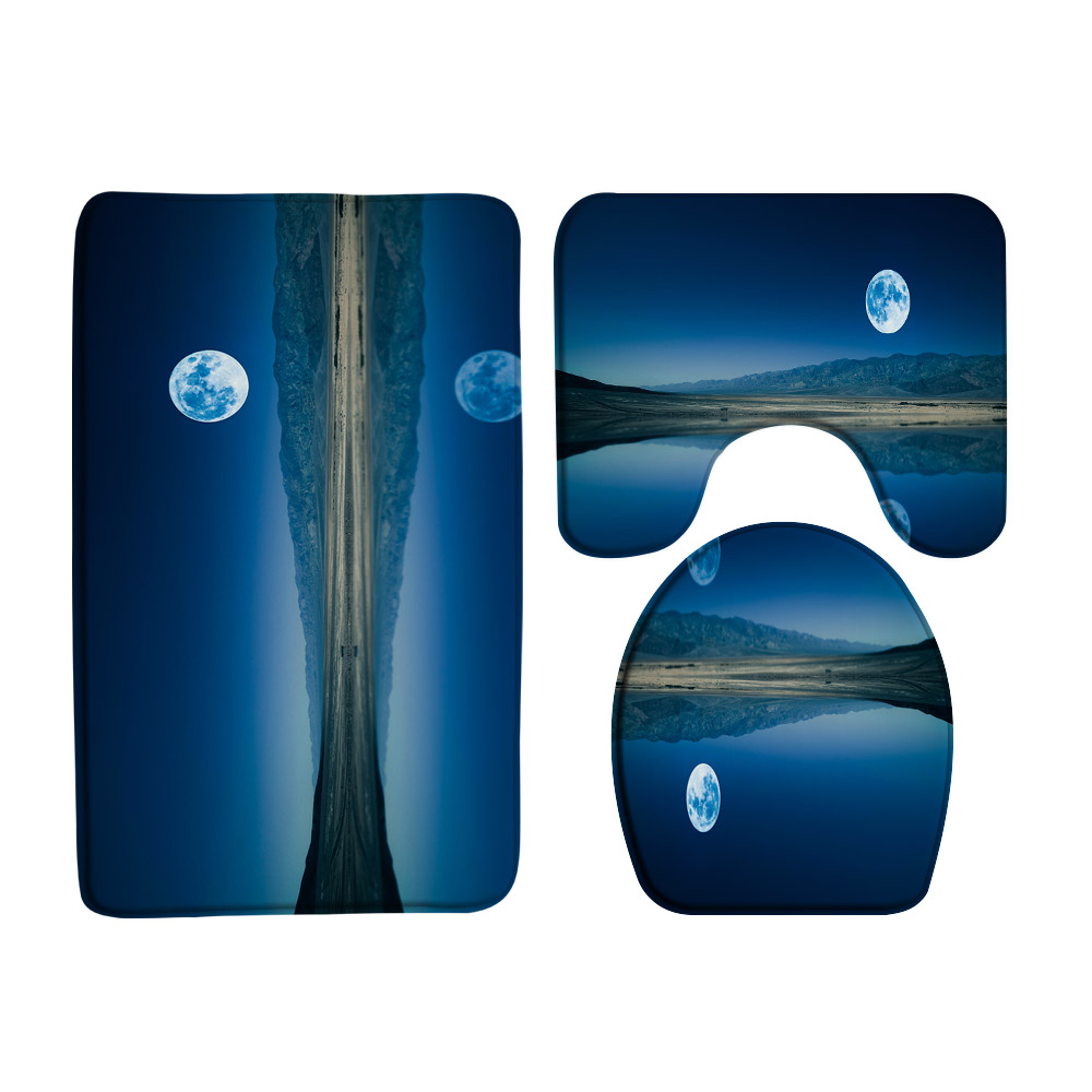 3Pcs Full Moon Bathroom Rug Sets NonSlip Rural Night Scene Tree Bath