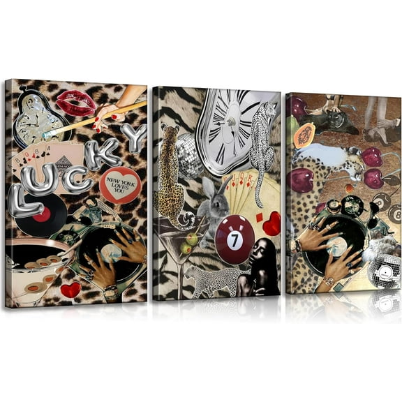 3Pcs Funky Girl Leopard Canvas Wall Art Trendy Black and White Cheetah Picture Wall Decor Fashion Woman and Cheetah Poster Print Artwork for Bar Living Room Bedroom Dorm Apartment Decorate, Und