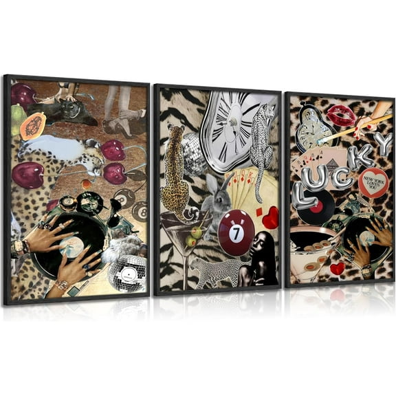3Pcs Funky Girl Leopard Canvas Wall Art Trendy Black and White Cheetah Picture Wall Decor Fashion Woman and Cheetah Poster Print Artwork for Bar Living Room Bedroom Dorm Apartment Decorate, Und