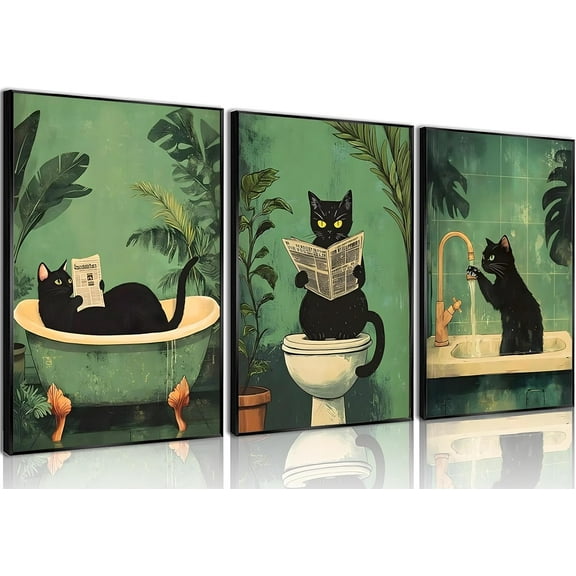 3Pcs Funny Black Cat Bathroom Canvas Wall Art Vintage Cat Wash its paws Reading Newspaper Posters Prints Modern Green bathroom Decor pictures Painting for Bathroom Toilet Artwork Decorations