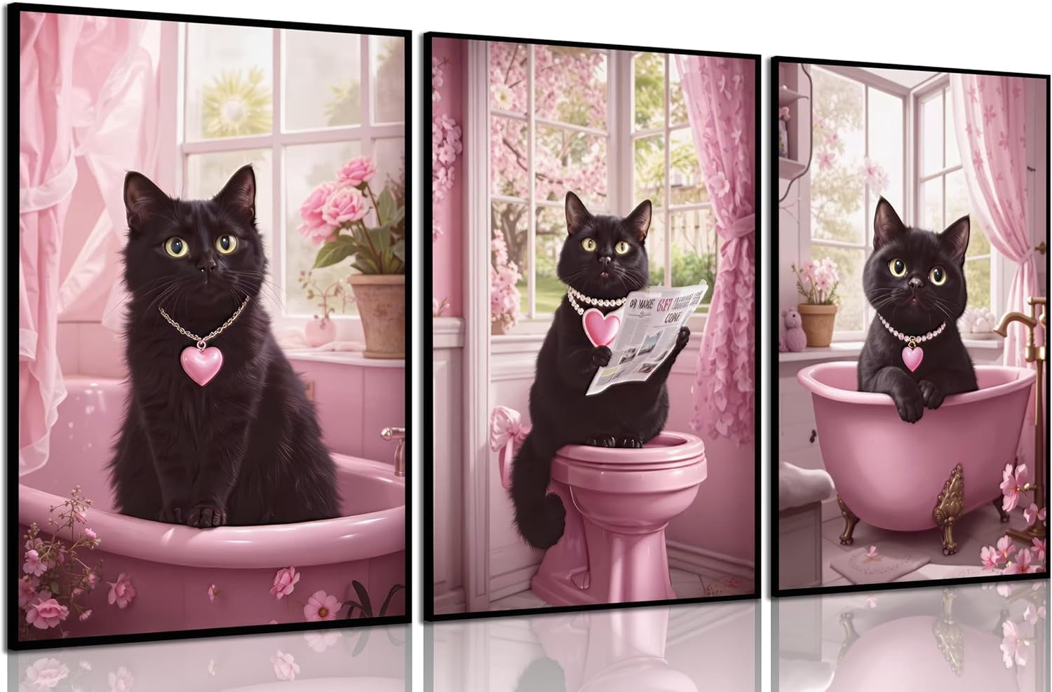 3Pcs Funny Black Cat Bathroom Wall Art Cute Pets Cat Reading Newspaper ...