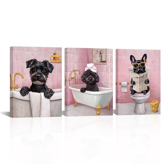 3Pcs Funny Black Dog Bathroom Canvas Wall Art Cute Dog Reading Newspaper Posters Prints Bathroom Art Botanical Animal Pink wall Decor pictures Painting for Bathroom Toilet Decorations（Pink）
