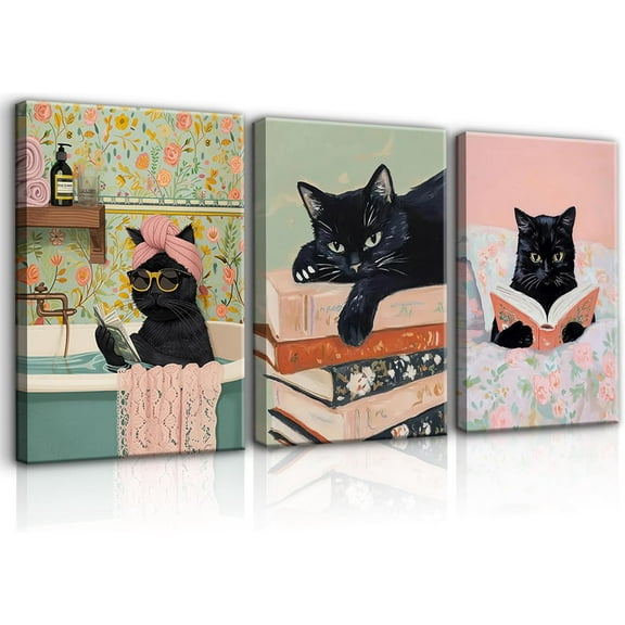 3Pcs Funny Cat Wall Art Bathroom Wall Decor Cat and Book Canvas Picture Pink Girl Room Poster Print Modern Preppy Style Painting for Bedroom Living Room Ready to Hang (12x16in Canvas)