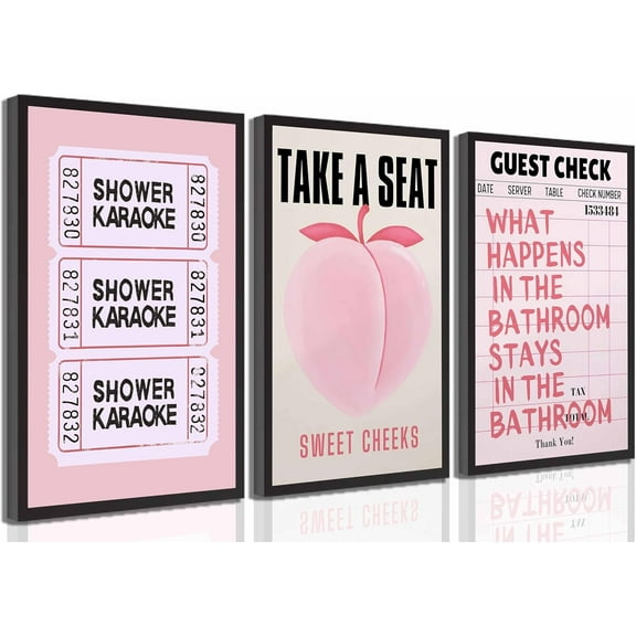 3Pcs Funny Pink Trendy Bathroom Canvas Wall art Retro Funky Humor Preppy Girls Toilet Painting Picture Wall Decor Poster Print Artwork Washroom Restroom Lavatory Home Decoration