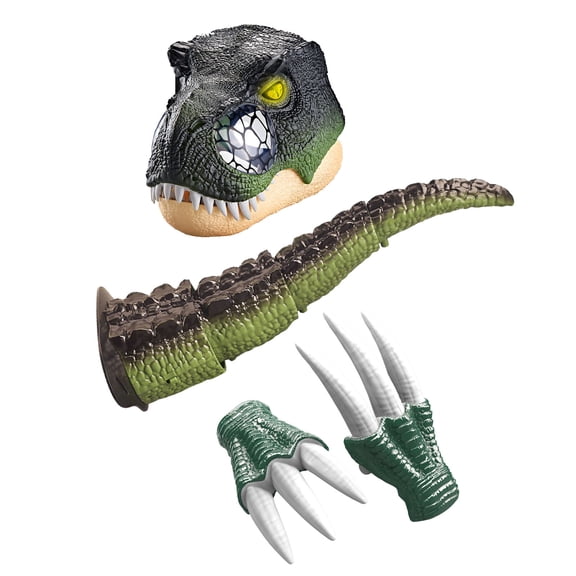 3Pcs Funny Wagging Electric Dinosaur Tail with Dino Mask Claws Costume Accessory, T-rex Tails for Dino Party Favors Dress Up, Halloween Realistic Moving Jaw Dinosaur T-rex Mask Tail Claws Set