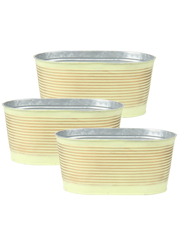 3Pcs Galvanized Oval Planters 9" Galvanized Metal Buckets Farmhouse Outdoor Metal Pail Yellow
