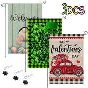 3Pcs Garden Flag - Valentines Welcome Flag, Welcome St. Patrick's Day Garden Flag 12x18 Double Sided Vertical, Easter Burlap Spring Yard Flag Banner Sign Buffalo Plaid Home Outside Outdoor Decor,I