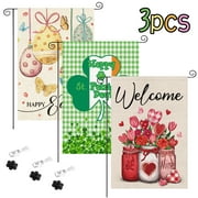3Pcs Garden Flag - Valentines Welcome Flag Welcome Spring St. Patrick's Day Garden Flag 12x18 Easter Double Sided Vertical, Burlap Small Yard Flag Banner Sign for Home Outside Outdoor Decor,I