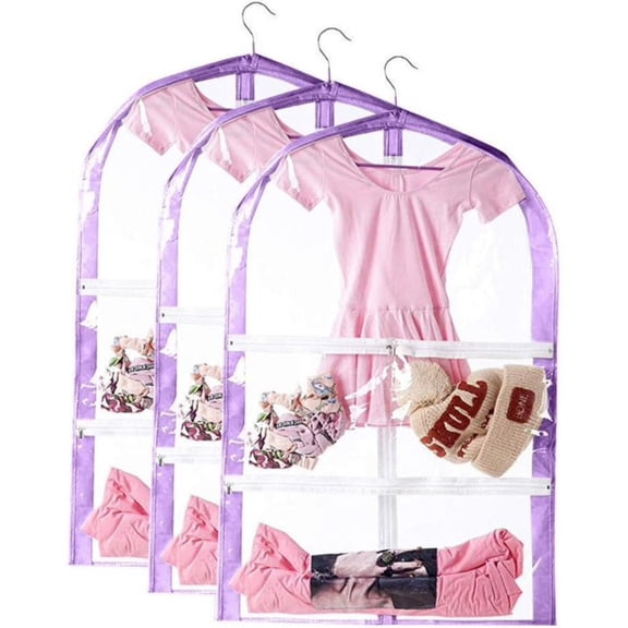 3Pcs Garment Bags,35'' Clear Garment Bag for Hanging Clothes,Kids Garment Bags for Travel Storage,Dance Costumes,Dance Costume Bag with Zippered Multiple Pockets(Purple)