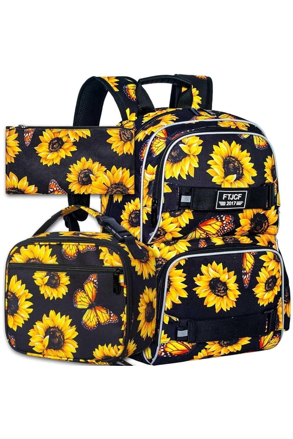 3Pcs Girls Backpack, 17 Inch Sunflower School Bookbag with Lunch Box, Durable Floral Laptop Backpack Set for Teens College(Yellow)