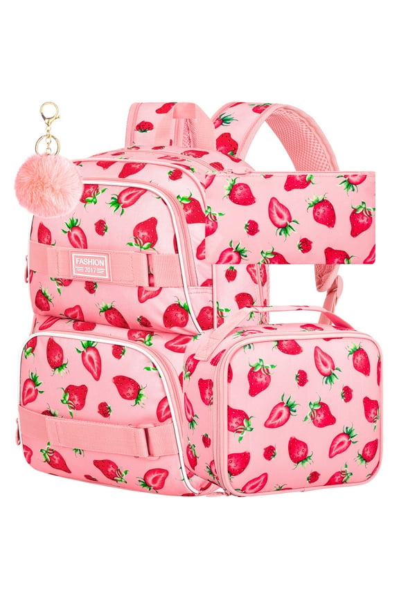 3Pcs Girls Backpack, 17 Inches Strawberry School Bookbag Set for Teens College Students, Laptop Backpacks with Lunch Box (Pink)