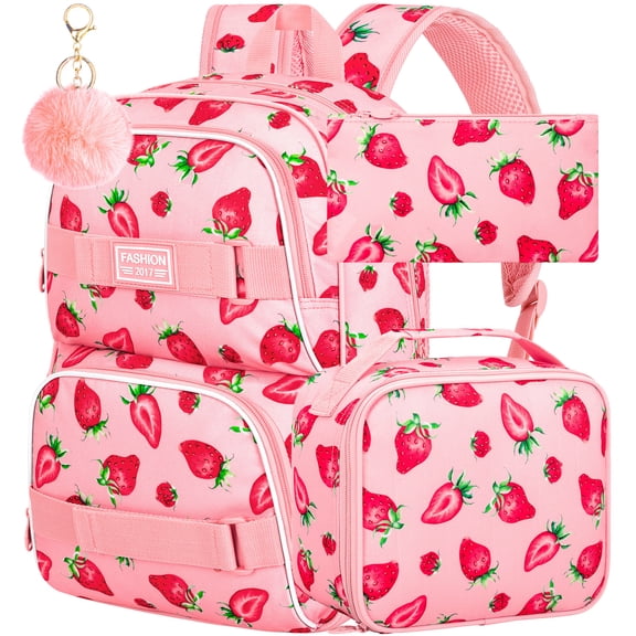 3Pcs Girls Backpack, 17 Inches Strawberry School Bookbag Set for Teens College Students, Laptop Backpacks with Lunch Box (Pink)
