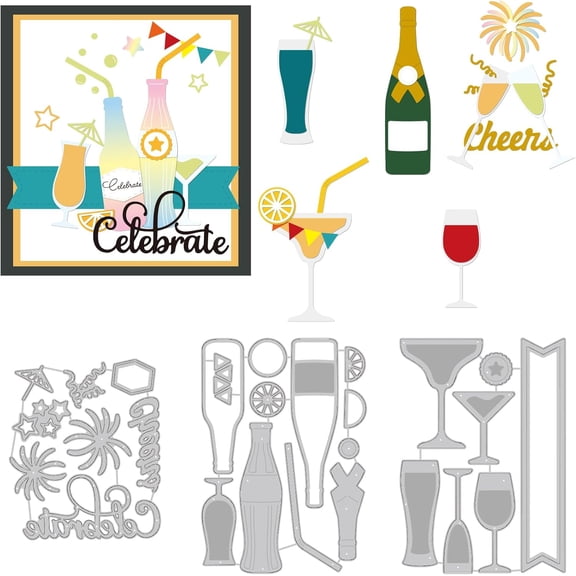 3Pcs Glasses and Bottles Cutting Dies Celebration Embossing Stencils Template Die Cut Set