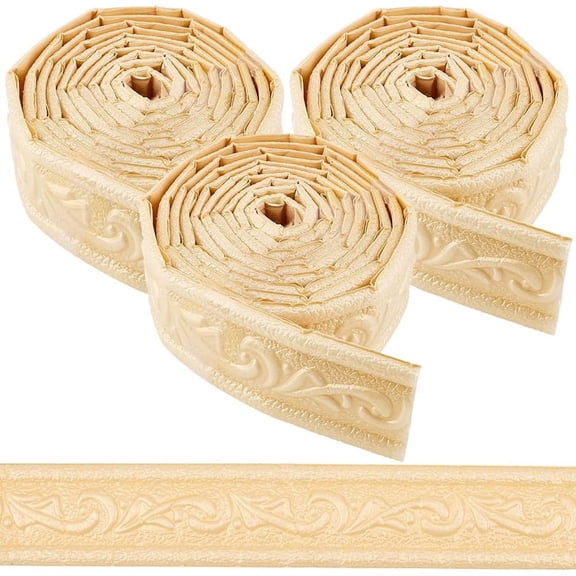 3Pcs Gold 90.6x1.8 Flexible Molding Trim Wall Trim Self Adhesive Peel and Sick Wallpaper Border Vintage 3D Edging Lines Skirting Stickers PVC Baseboard for DIY Art Mirror Home Kitchen Office Beige