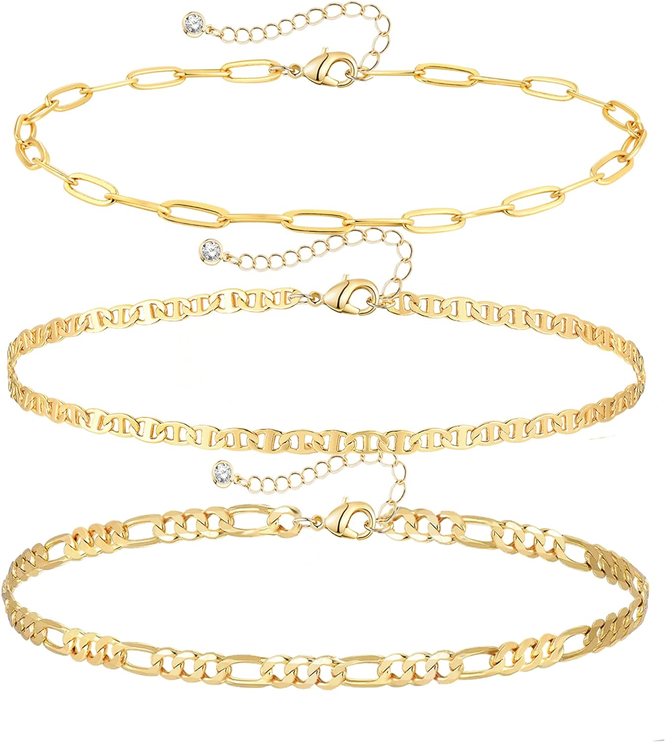 3Pcs Gold Ankle Bracelets For Women Dainty 14K Gold Plated Layering