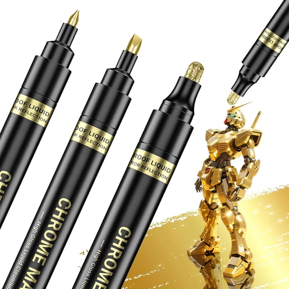 3Pcs Gold Chrome Paint Markers, Metallic Reflective Pens for Waterproof Touch-Up, Model Repair, DIY Craft & Metal Coating, High-Gloss Mirror Finish