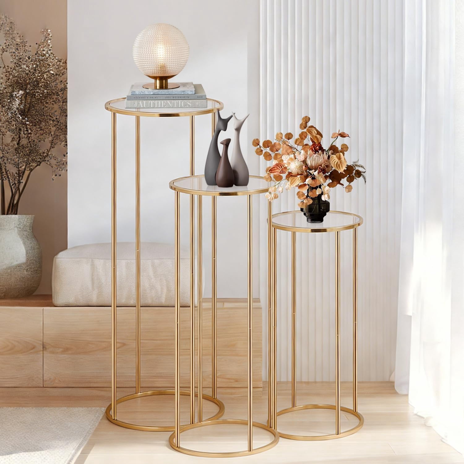 3Pcs Gold Cylinder Pedestal Stand for Party, Metal Round Cake Table ...