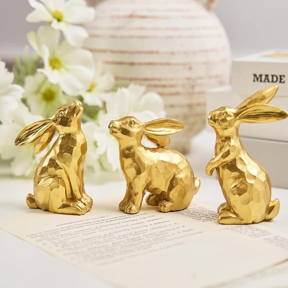 3Pcs Gold Easter Bunny Decorations, Resin Rabbit Figurine Small Decorative Bunny Statues for Tabletop Centerpiece Indoor Spring Easter Decor Mantle Decorations