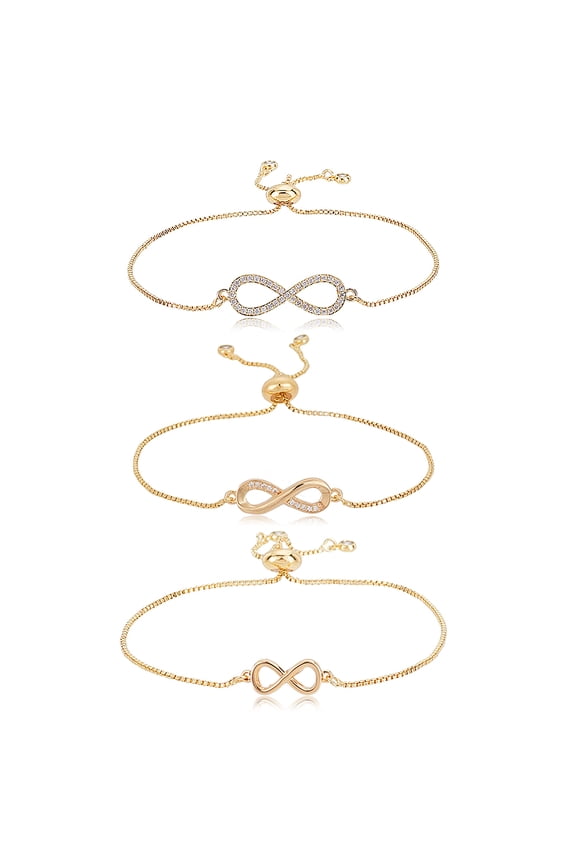 3Pcs Golden Infinity Bracelets for Women 3 Styles 14K Gold Plated Trendy Adjustable Slider Bracelets Infinity Tiny Simple Link Chain 12.5cm