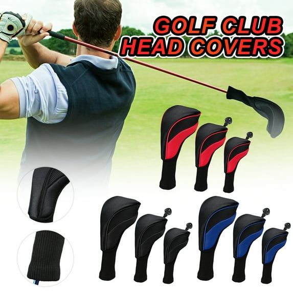 3Pcs Golf Head Covers, Golf Club Head Covers Set Driver Fairway Woods Headcovers Interchangeable No.Tag Long Neck, Blue