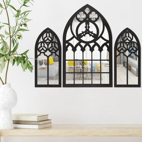 3Pcs Gothic Arch Mirrors Wall Decor Versatile Gothic Cathedral Mirrors Wall Mounted Goth Room Decor Indoor Accent Mirror Wood Framed Entry Mirror for Home