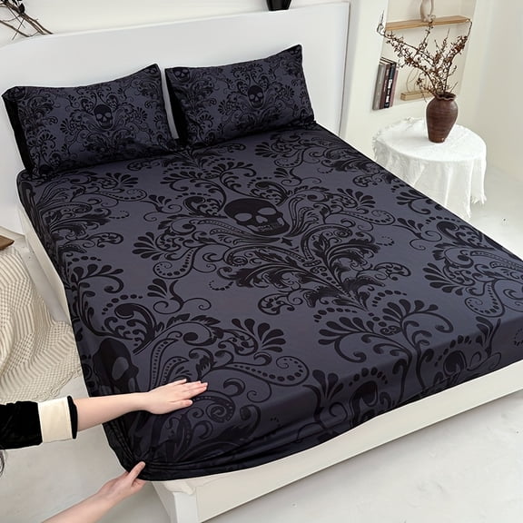 3Pcs Gothic Skull Bedding Set, Black Gray Baroque Design, 1 Sheet + 2 Pillowcases, Deep Pocket, Hypoallergenic & Machine Washable for Home Dorm