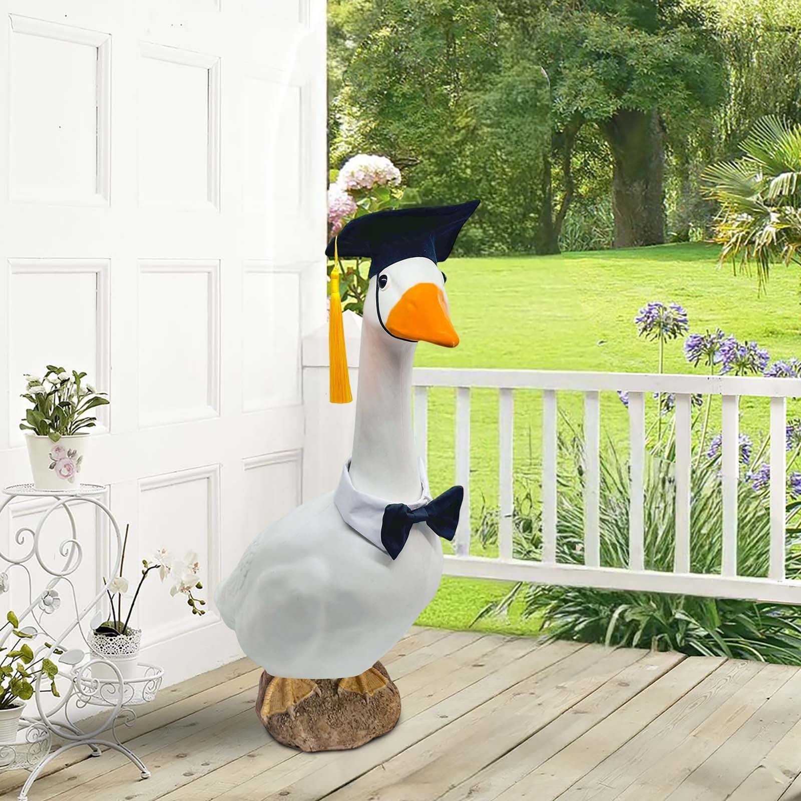 3Pcs Graduation Decoration, Fufafayo Graduation Season Bachelor's Hat Big White Goose Yard Decoration, Cap And Bow Tie Ornament for Lawn, Porch Or Garden Festive Display, Black Fabric Sculpture
