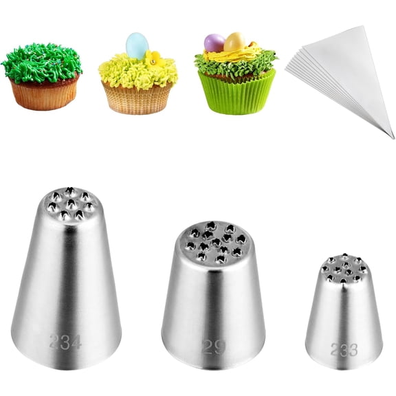3Pcs Grass Icing Nozzles Set,Stainless Steel Grass Piping Tip with 10Pcs Disposable Piping Bags,Cake Decorating Tips For Baking Decorating
