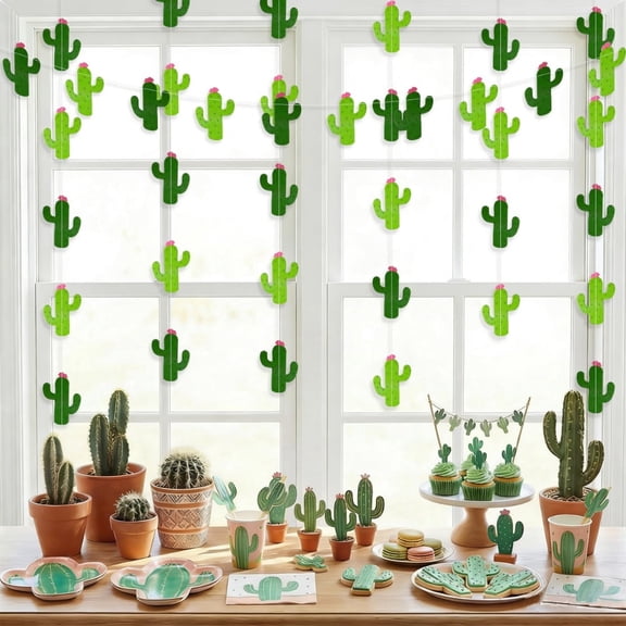 3Pcs Green Cactus Party Paper Banners Decoration Hanging Fiesta Mexican Tropical Summer Birthday Baby Shower Luau Hawaiian Cinco De Mayo Home Classroom Party Decorations