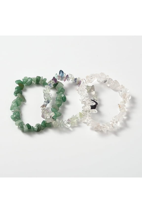 3Pcs Green Multi-strand Gemstone Chips Stretch Bracelets - 2-1/8 inch Crystals Chip Bracelets for Gift for making