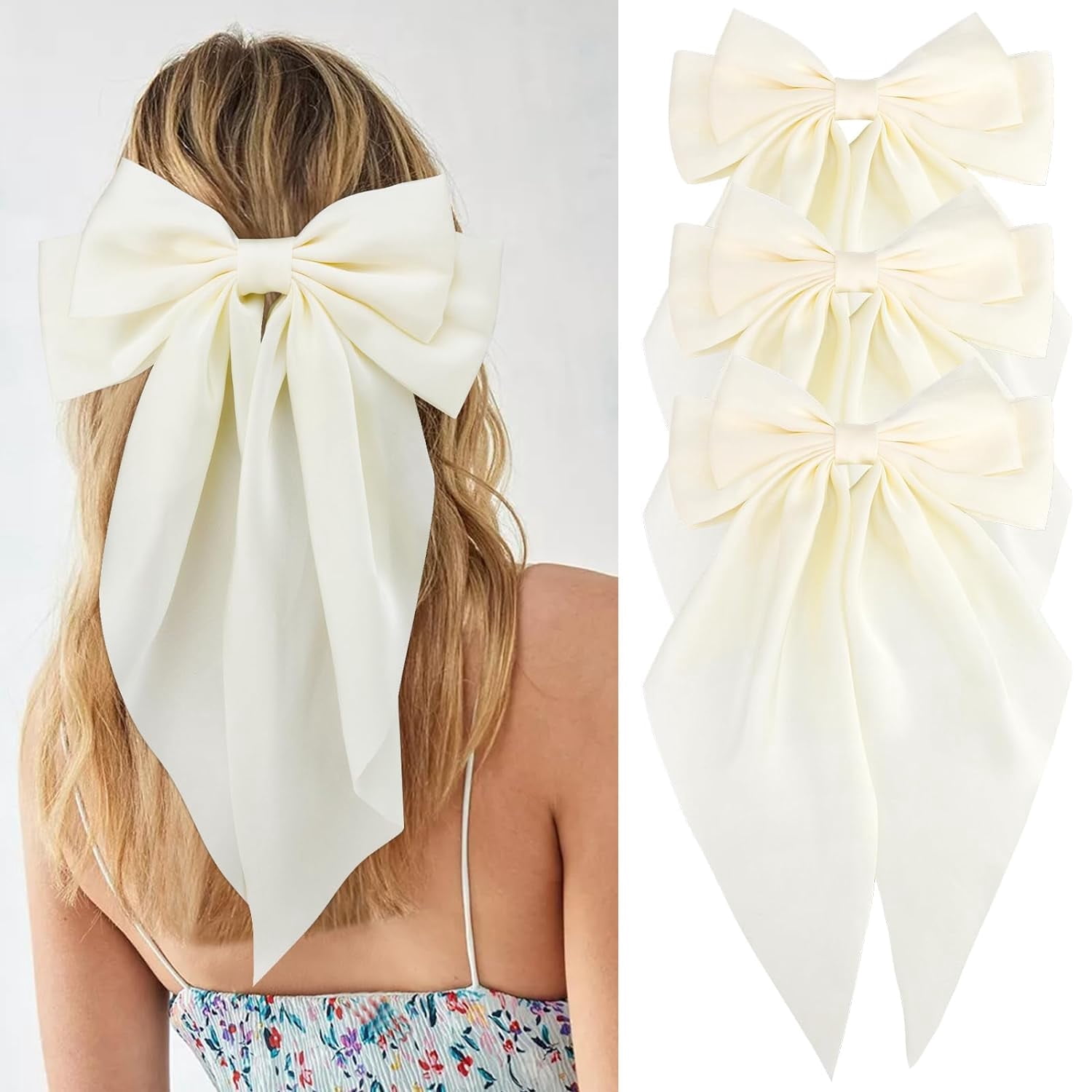 3Pcs Hair Bows for Women Natural White Hair Bow Big Hair Bows Clips for Girls Silky Satin Large Hair Ribbons Oversized Long Tail Hair Bows Hair Barrettes Hair Accessories Christmas Gifts