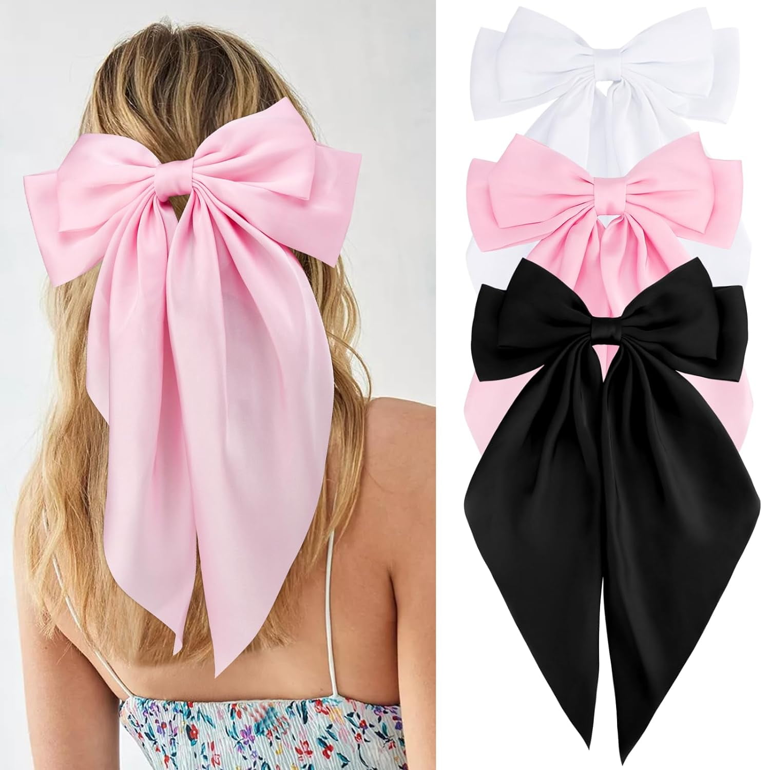 3Pcs Hair Bows for Women Natural White Hair Bow Big Hair Bows Clips for Girls Silky Satin Large Hair Ribbons Oversized Long Tail Hair Bows Hair Barrettes Hair Accessories Christmas Gifts