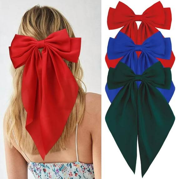 3Pcs Hair Bows for Women Natural White Hair Bow Big Hair Bows Clips for Girls Silky Satin Large Hair Ribbons Oversized Long Tail Hair Bows Hair Barrettes Hair Accessories Christmas Gifts