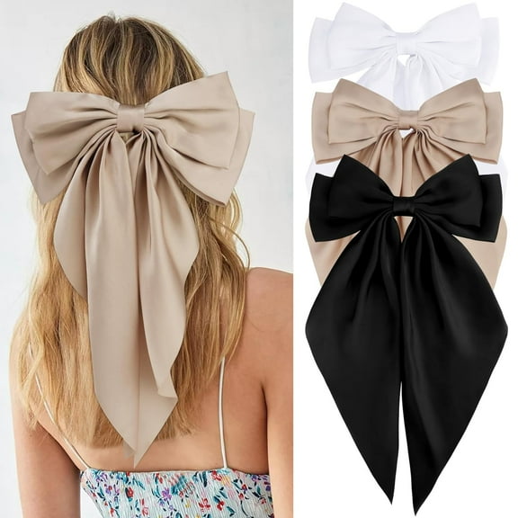 3Pcs Hair Bows for Women Natural White Hair Bow Big Hair Bows Clips for Girls Silky Satin Large Hair Ribbons Oversized Long Tail Hair Bows Hair Barrettes Hair Accessories Christmas Gifts