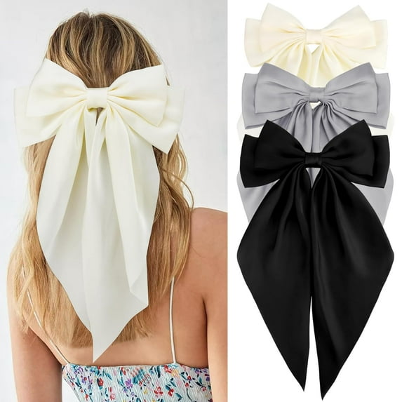 3Pcs Hair Bows for Women Natural White Hair Bow Big Hair Bows Clips for Girls Silky Satin Large Hair Ribbons Oversized Long Tail Hair Bows Hair Barrettes Hair Accessories Christmas Gifts