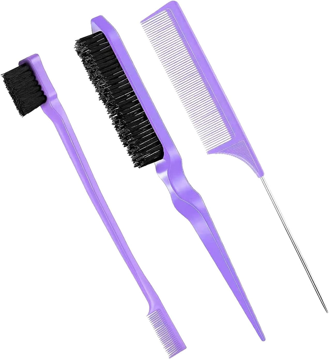 3Pcs Hair Brush Comb Set Slick Back Brush Hair Brush Teasing Hair Brush Rat Tail Comb Double Sided Brush Grooming Combs Back Slicking Combing Brushes for Women Kids Hair, Purple